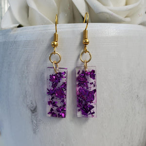 Bar Earrings, Drop Earrings, Resin Earrings, Earrings - Handmade resin short bar earrings- purple flakes
