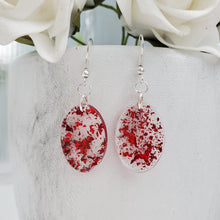 Load image into Gallery viewer, Oval Earrings, Drop Earrings, Resin Earrings, Earrings - Handmade resin oval drop earrings with red flakes.
