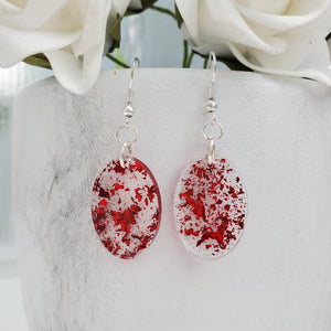 Oval Earrings, Drop Earrings, Resin Earrings, Earrings - Handmade resin oval drop earrings with red flakes.
