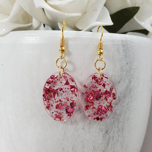 Oval Earrings, Drop Earrings, Resin Earrings, Earrings - Handmade resin oval drop earrings with pink flakes.