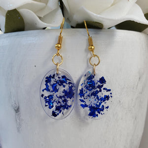 Oval Earrings, Drop Earrings, Resin Earrings, Earrings - Handmade resin oval drop earrings with blue flakes.