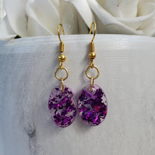 Load image into Gallery viewer, Oval Earrings, Drop Earrings, Resin Earrings, Earrings - Handmade resin oval drop earrings with purple flakes.