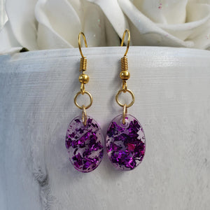 Oval Earrings, Drop Earrings, Resin Earrings, Earrings - Handmade resin oval drop earrings with purple flakes.