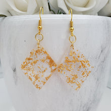 Load image into Gallery viewer, Long Earrings, Drop Earrings, Resin Earrings, Earrings - Handmade diamond shape resin drop earrings with gold flakes.
