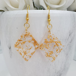 Long Earrings, Drop Earrings, Resin Earrings, Earrings - Handmade diamond shape resin drop earrings with gold flakes.