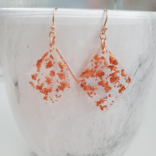 Load image into Gallery viewer, Long Earrings, Drop Earrings, Resin Earrings, Earrings - Handmade diamond shape resin drop earrings with rose gold flakes.