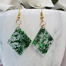 Load image into Gallery viewer, Long Earrings, Drop Earrings, Resin Earrings, Earrings - Handmade diamond shape resin drop earrings with green flakes.