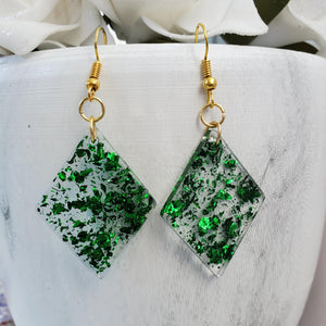 Long Earrings, Drop Earrings, Resin Earrings, Earrings - Handmade diamond shape resin drop earrings with green flakes.