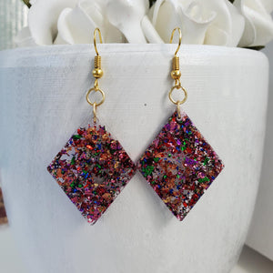 Long Earrings, Drop Earrings, Resin Earrings, Earrings - Handmade diamond shape resin drop earrings with multi-color flakes.