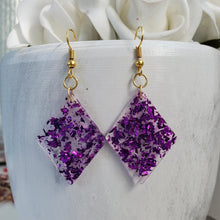 Load image into Gallery viewer, Long Earrings, Drop Earrings, Resin Earrings, Earrings - Handmade diamond shape resin drop earrings with purple flakes.