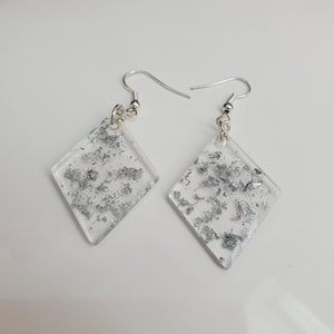 Long Earrings, Drop Earrings, Resin Earrings, Earrings - Handmade diamond shape resin drop earrings with silver flakes.