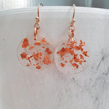 Load image into Gallery viewer, Round Earrings, Drop Earrings, Resin Earrings, Earrings - Handmade round resin drop earrings with rose gold flakes.
