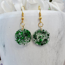 Load image into Gallery viewer, Round Earrings, Drop Earrings, Resin Earrings, Earrings - Handmade round resin drop earrings with green flakes.