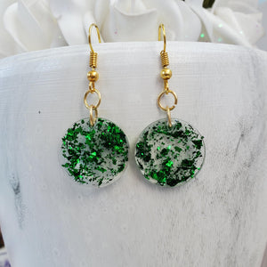 Round Earrings, Drop Earrings, Resin Earrings, Earrings - Handmade round resin drop earrings with green flakes.