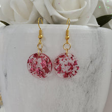 Load image into Gallery viewer, Round Earrings, Drop Earrings, Resin Earrings, Earrings - Handmade round resin drop earrings with pink flakes.