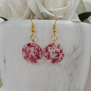 Round Earrings, Drop Earrings, Resin Earrings, Earrings - Handmade round resin drop earrings with pink flakes.