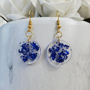 Round Earrings, Drop Earrings, Resin Earrings, Earrings - Handmade round resin drop earrings with blue flakes.