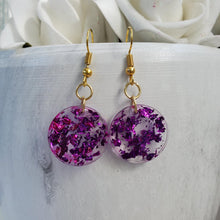 Load image into Gallery viewer, Round Earrings, Drop Earrings, Resin Earrings, Earrings - Handmade round resin drop earrings with purple flakes.