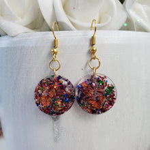Load image into Gallery viewer, Round Earrings, Drop Earrings, Resin Earrings, Earrings - Handmade round resin drop earrings with multi-color flakes.