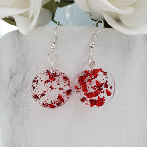 Round Earrings, Drop Earrings, Resin Earrings, Earrings - Handmade round resin drop earrings with red flakes.