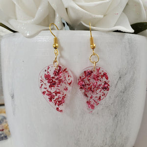 Leaf Earrings, Drop Earrings, Resin Earrings, Earrings - Handmade resin leaf drop earrings with pink flakes.