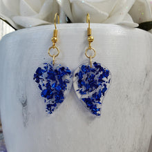 Load image into Gallery viewer, Leaf Earrings, Drop Earrings, Resin Earrings, Earrings - Handmade resin leaf drop earrings with blue flakes.