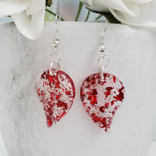 Load image into Gallery viewer, Leaf Earrings, Drop Earrings, Resin Earrings, Earrings - Handmade resin leaf drop earrings with red flakes.
