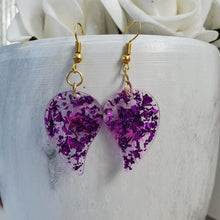 Load image into Gallery viewer, Leaf Earrings, Drop Earrings, Resin Earrings, Earrings - Handmade resin leaf drop earrings with purple flakes.