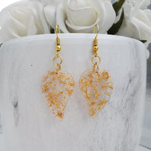 Load image into Gallery viewer, Leaf Earrings, Drop Earrings, Resin Earrings, Earrings - Handmade resin leaf drop earrings with gold flakes.