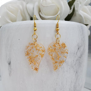 Leaf Earrings, Drop Earrings, Resin Earrings, Earrings - Handmade resin leaf drop earrings with gold flakes.