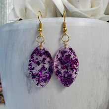 Load image into Gallery viewer, Drop Earrings, Teardrop Earrings, Resin Earrings, Earrings - handmade teardrop resin earrings with purple flakes