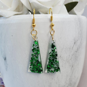 Triangular Earrings, Long Earrings, Earrings - handmade resin triangular drop earrings with green flakes