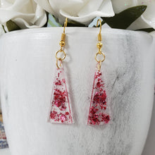 Load image into Gallery viewer, Triangular Earrings, Long Earrings, Earrings - handmade resin triangular drop earrings with pink flakes