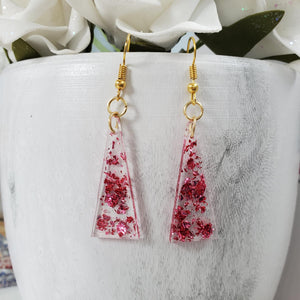 Triangular Earrings, Long Earrings, Earrings - handmade resin triangular drop earrings with pink flakes