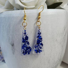 Load image into Gallery viewer, Triangular Earrings, Long Earrings, Earrings - handmade resin triangular drop earrings with blue flakes