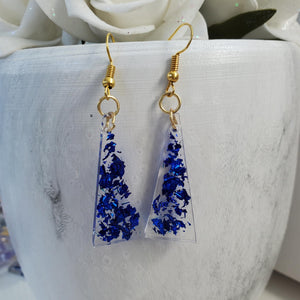 Triangular Earrings, Long Earrings, Earrings - handmade resin triangular drop earrings with blue flakes