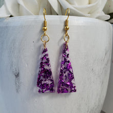 Load image into Gallery viewer, Triangular Earrings, Long Earrings, Earrings - handmade resin triangular drop earrings with purple flakes