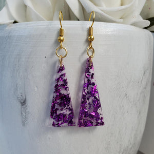 Triangular Earrings, Long Earrings, Earrings - handmade resin triangular drop earrings with purple flakes