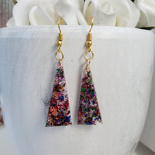 Load image into Gallery viewer, Triangular Earrings, Long Earrings, Earrings - handmade resin triangular drop earrings with multi-color flakes