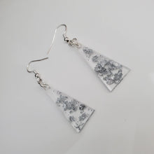 Load image into Gallery viewer, Triangular Earrings, Long Earrings, Earrings - handmade resin triangular drop earrings with silver flakes