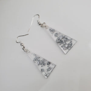 Triangular Earrings, Long Earrings, Earrings - handmade resin triangular drop earrings with silver flakes