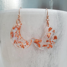 Load image into Gallery viewer, Moon Earrings - Crescent Moon Earrings - Earrings - Handmade resin crescent moon drop earrings with rose gold flakes