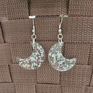Moon Earrings - Crescent Moon Earrings - Earrings - Handmade resin crescent moon drop earrings with silver flakes