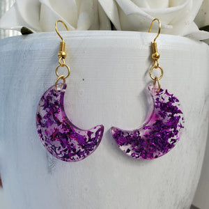 Moon Earrings - Crescent Moon Earrings - Earrings - Handmade resin crescent moon drop earrings with purple flakes