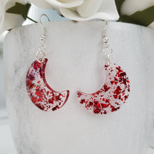 Load image into Gallery viewer, Moon Earrings - Crescent Moon Earrings - Earrings - Handmade resin crescent moon drop earrings with red flakes
