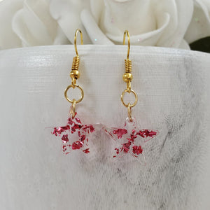 Star Earrings, Star Dangle Earrings, Earrings - handmade resin star drop earrings with pink flakes