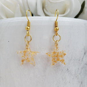 Star Earrings, Star Dangle Earrings, Earrings - handmade resin star drop earrings with gold flakes