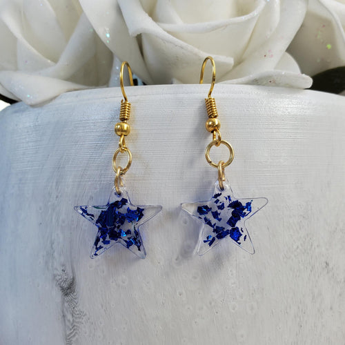 Star Earrings, Star Dangle Earrings, Earrings - handmade resin star drop earrings with blue flakes