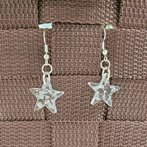 Star Earrings, Star Dangle Earrings, Earrings - handmade resin star drop earrings with silver flakes