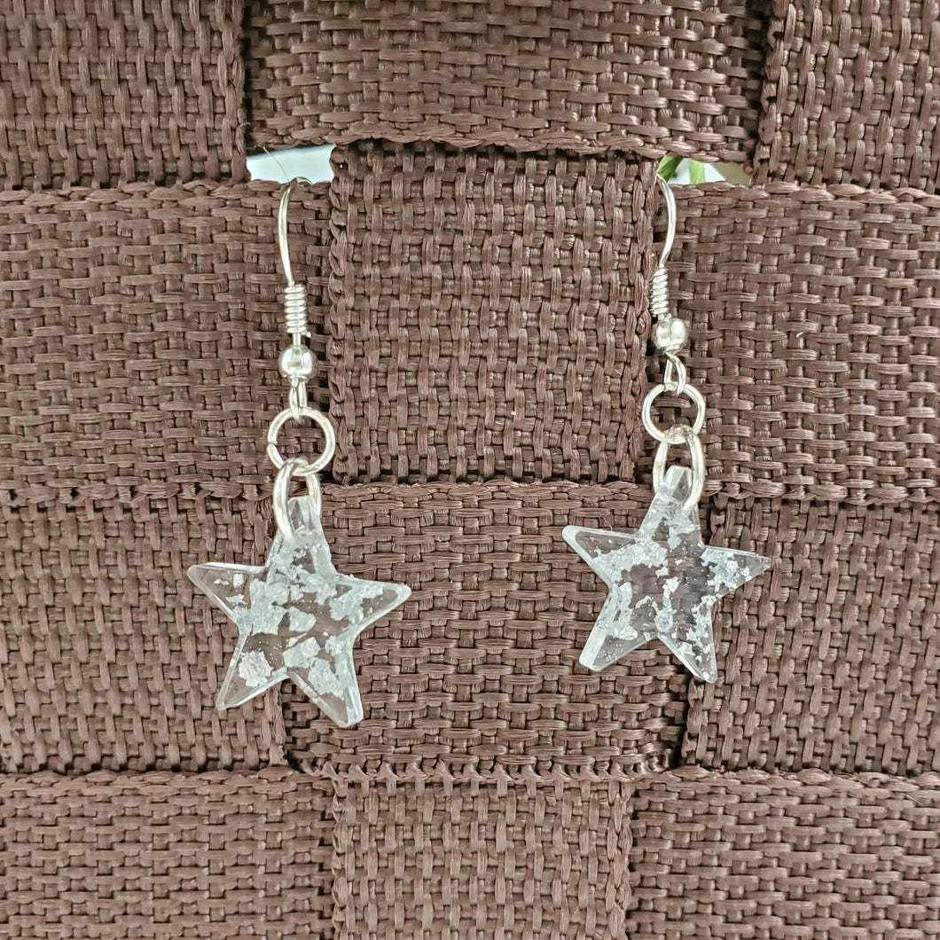 Star Earrings, Star Dangle Earrings, Earrings - handmade resin star drop earrings with silver flakes